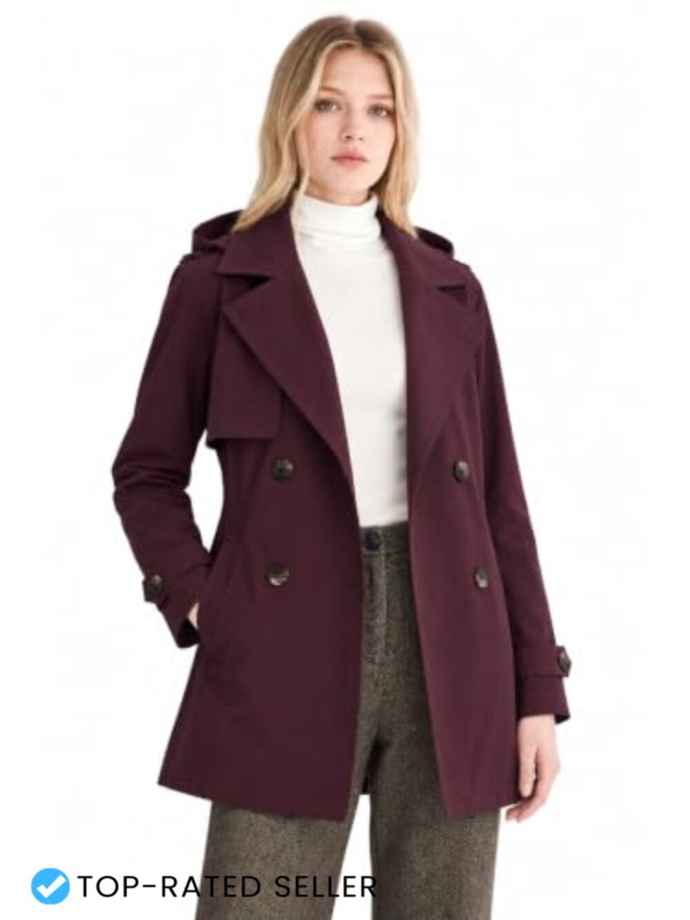 Hooded Trench Coat Mid-Length Double Breasted Water Resistant Lightweight